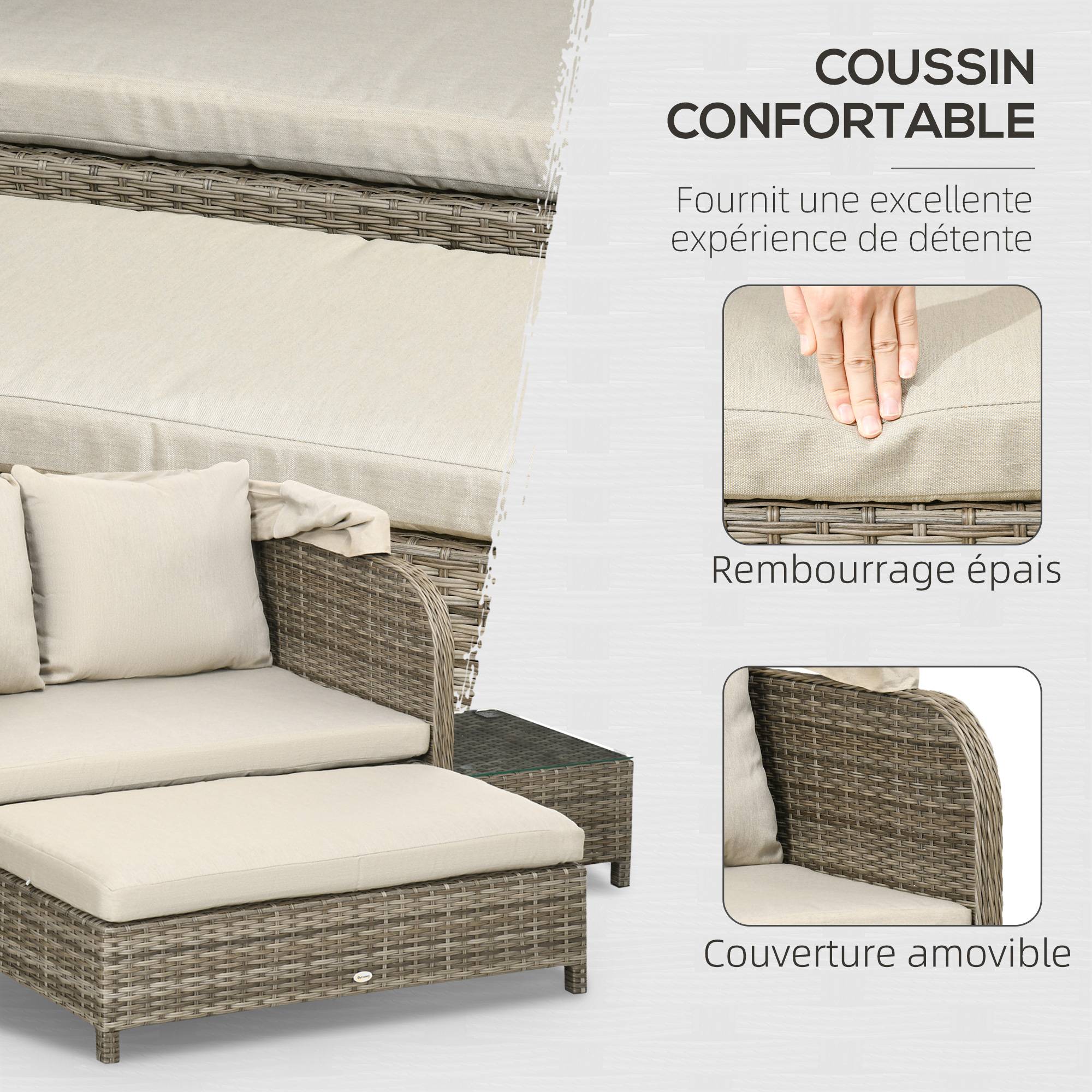 Outsunny - Ensemble salon de jardin 2 places 4 pcs - canapé, repose-pieds, 2 tables basses - coussins inclus - résine grise polyester kaki - Outsunny - Imagen 4