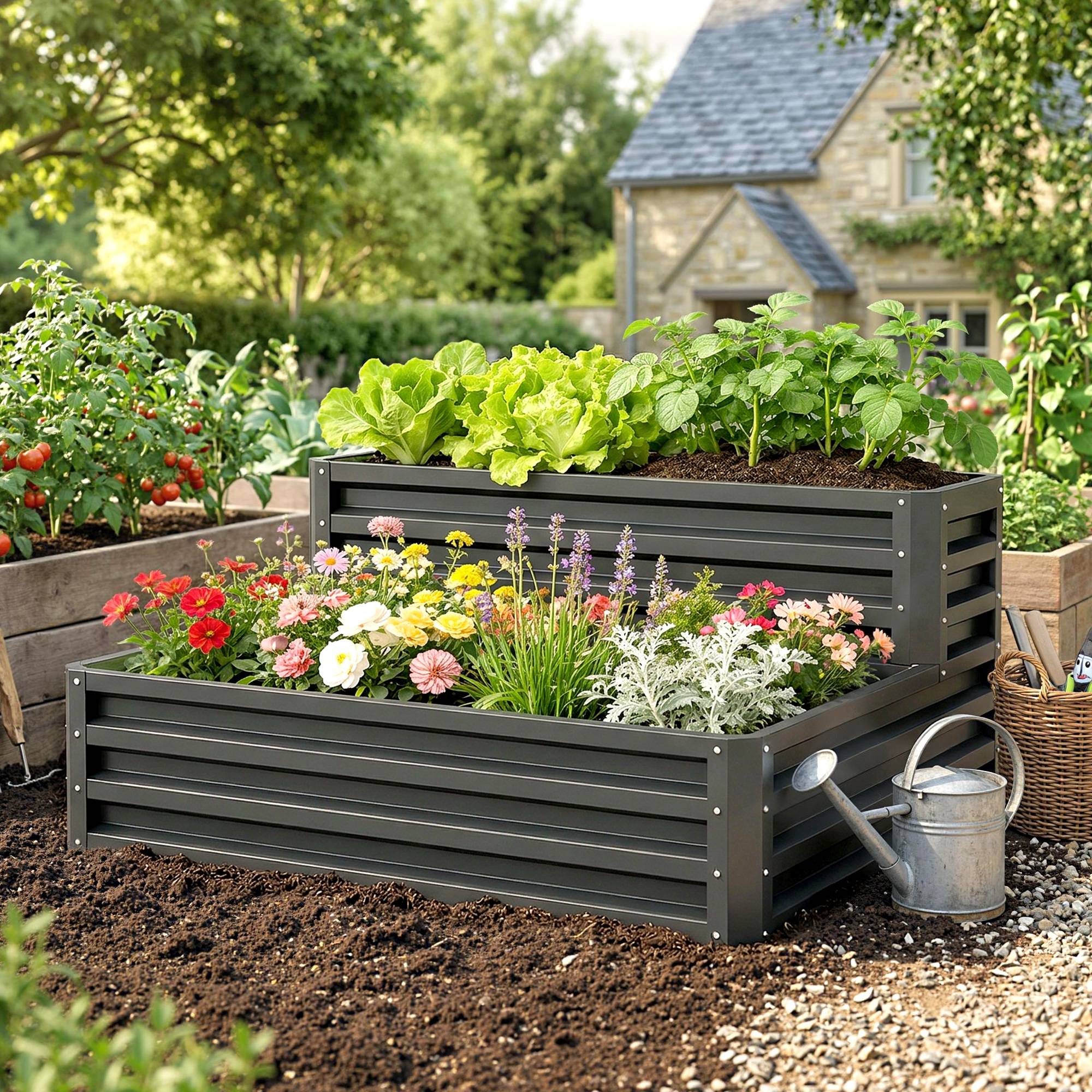 Carré potager de jardin fond ouvert 2 étages pour herbes légumes fruits fleurs 120 x 101 x 58 cm gris foncé - Image 4