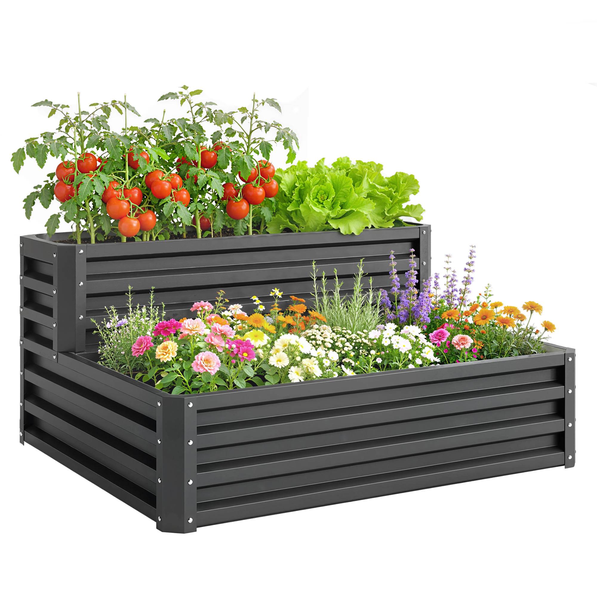 Carré potager de jardin fond ouvert 2 étages pour herbes légumes fruits fleurs 120 x 101 x 58 cm gris foncé - Image 1