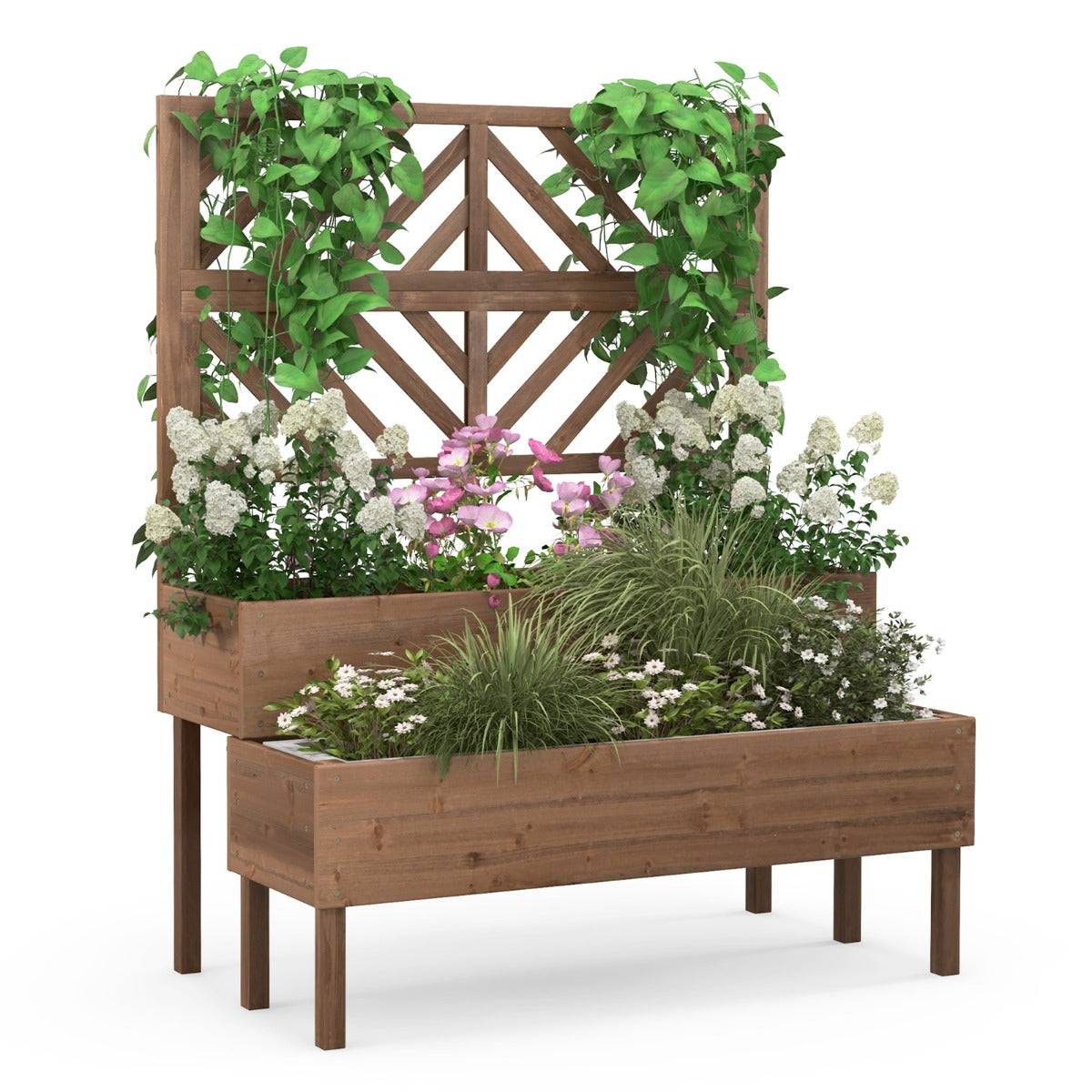 Helloshop26 - Jardinière avec treillis à 2 niveaux en bois de sapin bac à fleurs rectangulaire avec trou de drainage pour plante grimpante café - Imagen 1