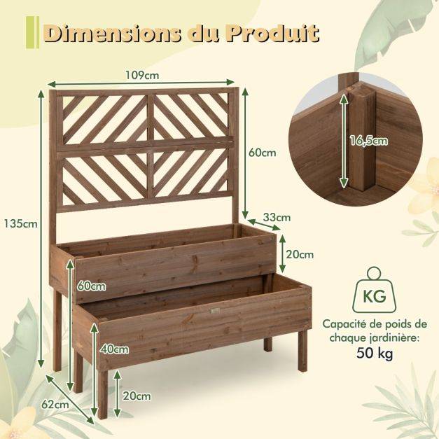Helloshop26 - Jardinière avec treillis à 2 niveaux en bois de sapin bac à fleurs rectangulaire avec trou de drainage pour plante grimpante café - Imagen 4