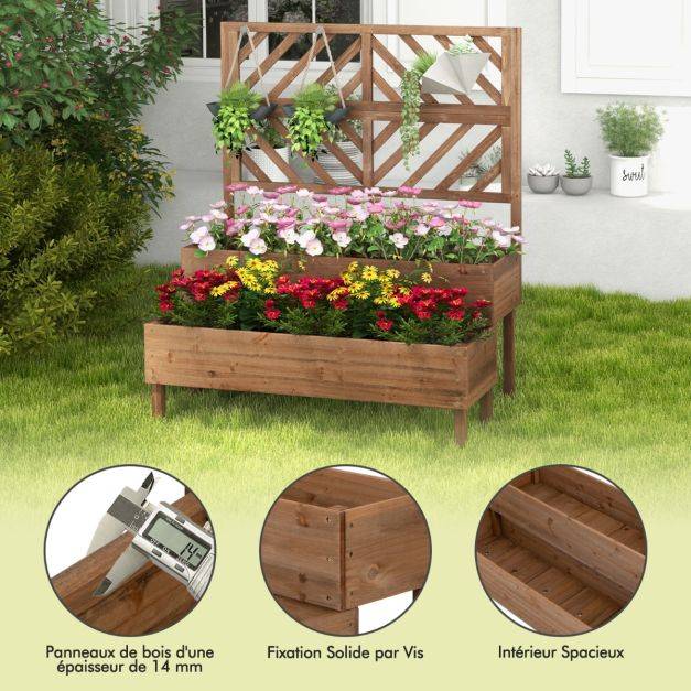 Helloshop26 - Jardinière avec treillis à 2 niveaux en bois de sapin bac à fleurs rectangulaire avec trou de drainage pour plante grimpante café - Imagen 2
