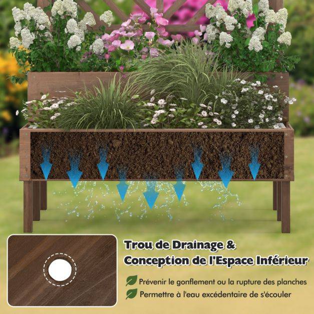 Helloshop26 - Jardinière avec treillis à 2 niveaux en bois de sapin bac à fleurs rectangulaire avec trou de drainage pour plante grimpante café - Imagen 3