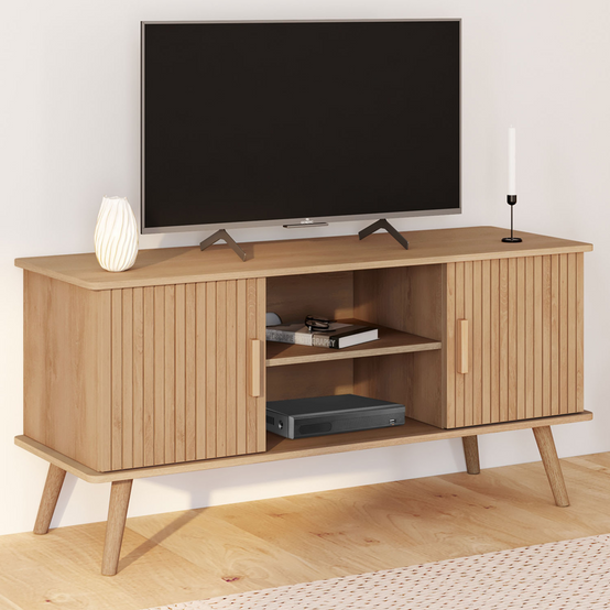 Meuble TV 110 cm JULIETTE 2 portes lattes tasseau bois coloris chêne - Image 1