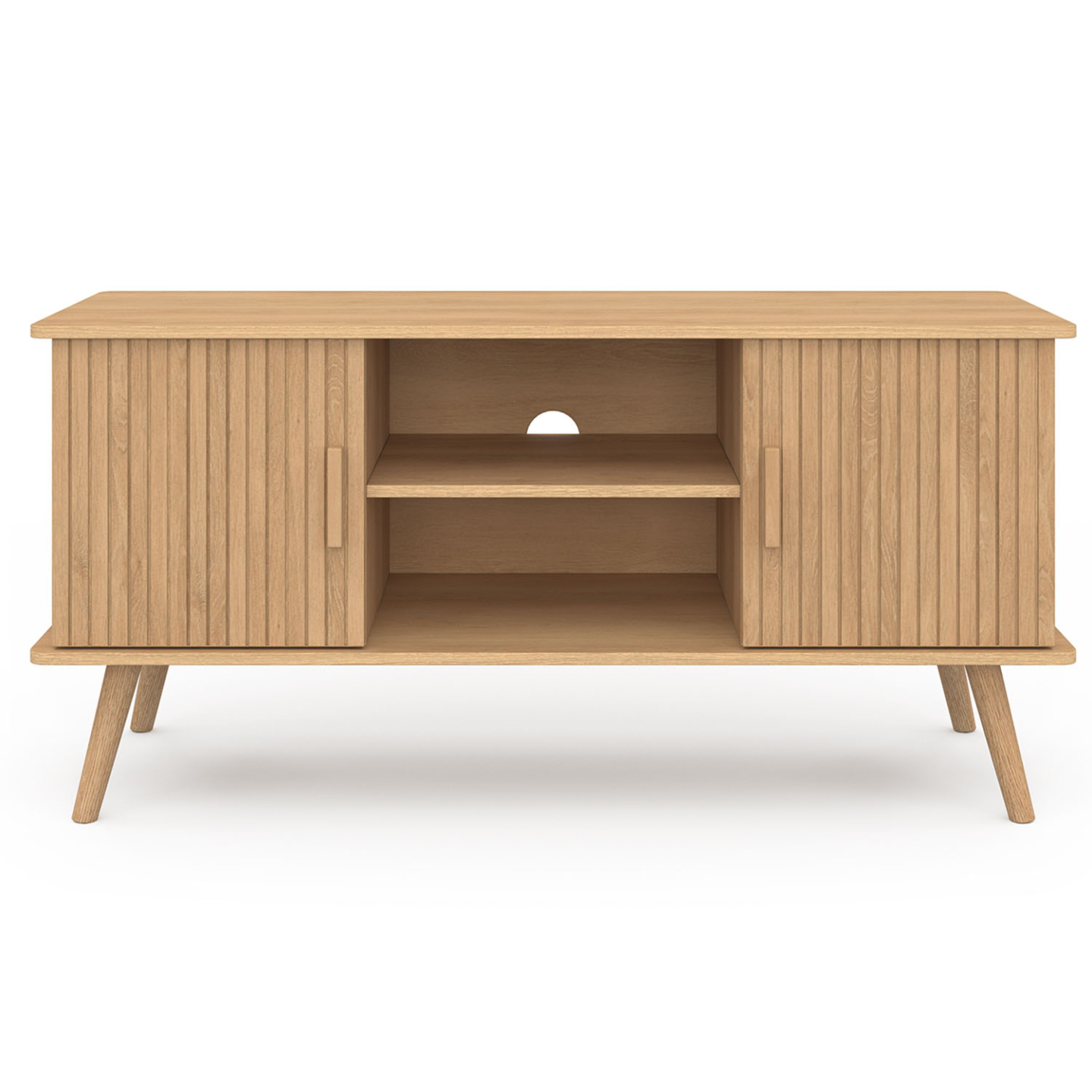 Meuble TV 110 cm JULIETTE 2 portes lattes tasseau bois coloris chêne - Image 3