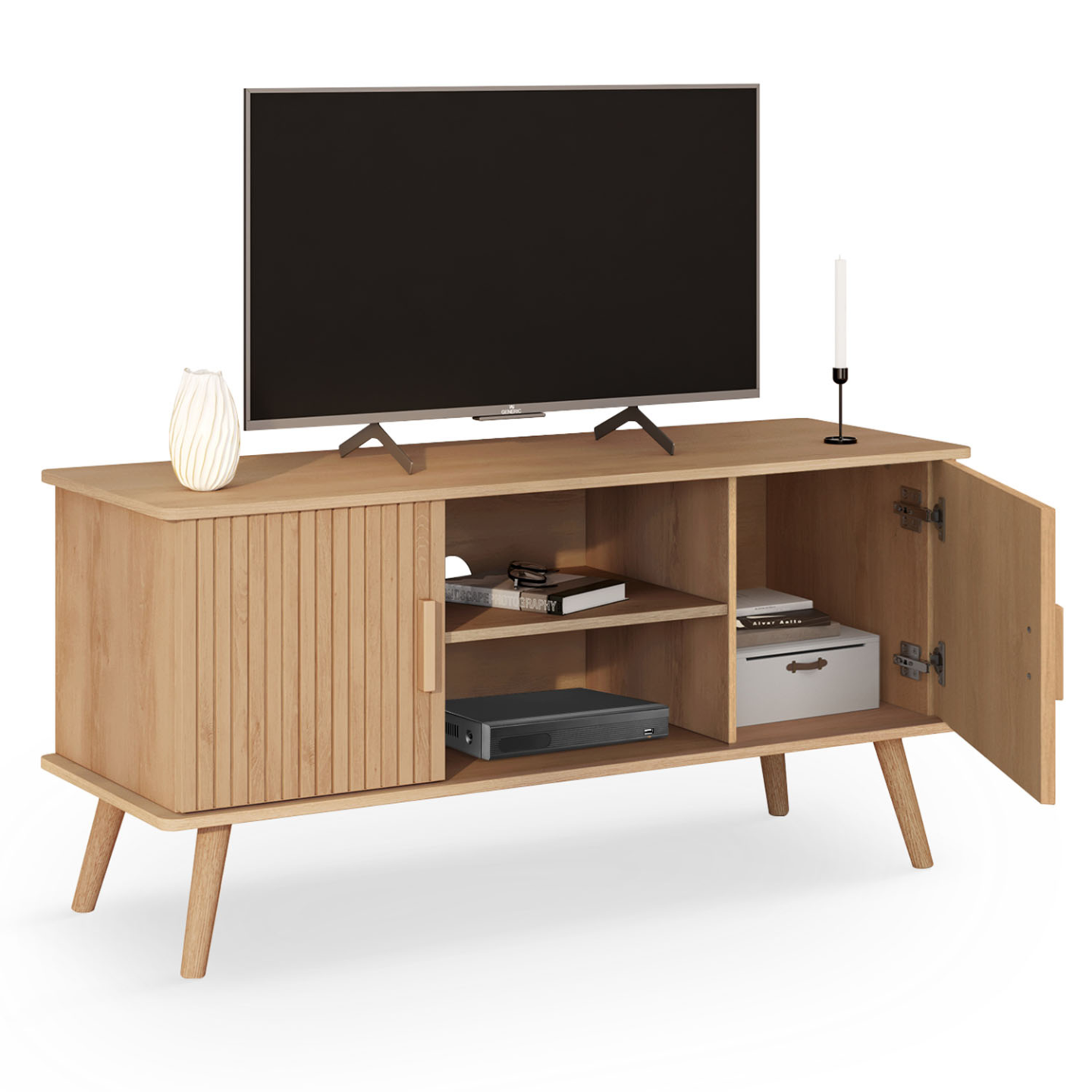 Meuble TV 110 cm JULIETTE 2 portes lattes tasseau bois coloris chêne - Image 4
