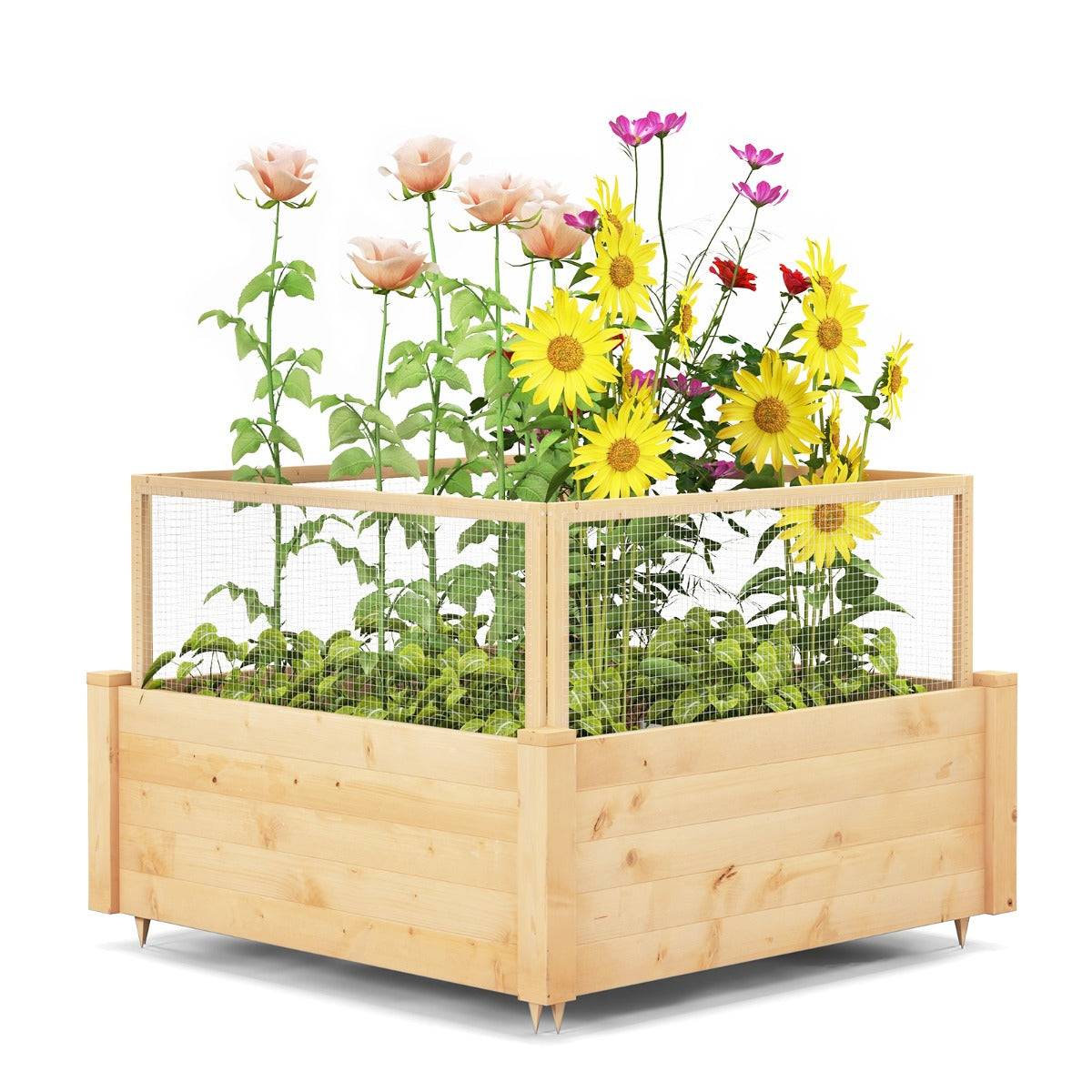 Helloshop26 - Jardinière carre potager extérieur en bois de sapin avec clôture de protection et grille de culture pour fleur légume fruit - Imagen 3