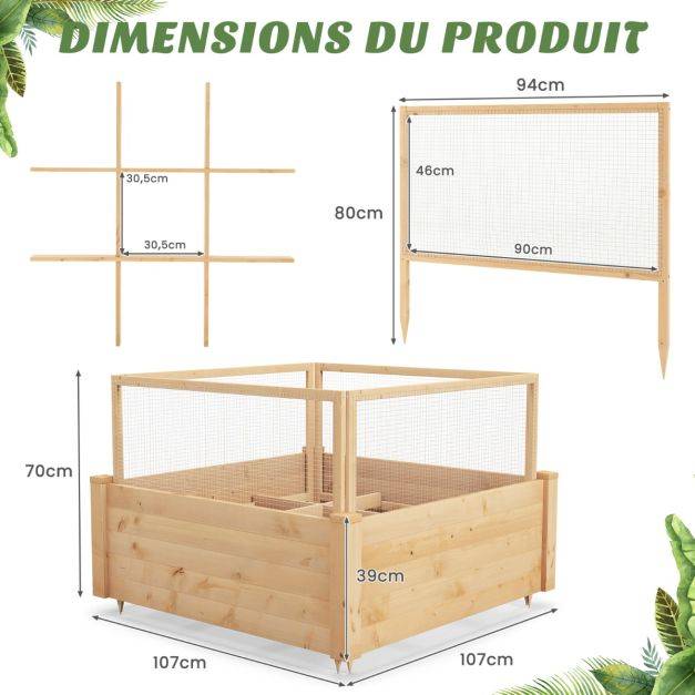 Helloshop26 - Jardinière carre potager extérieur en bois de sapin avec clôture de protection et grille de culture pour fleur légume fruit - Imagen 6
