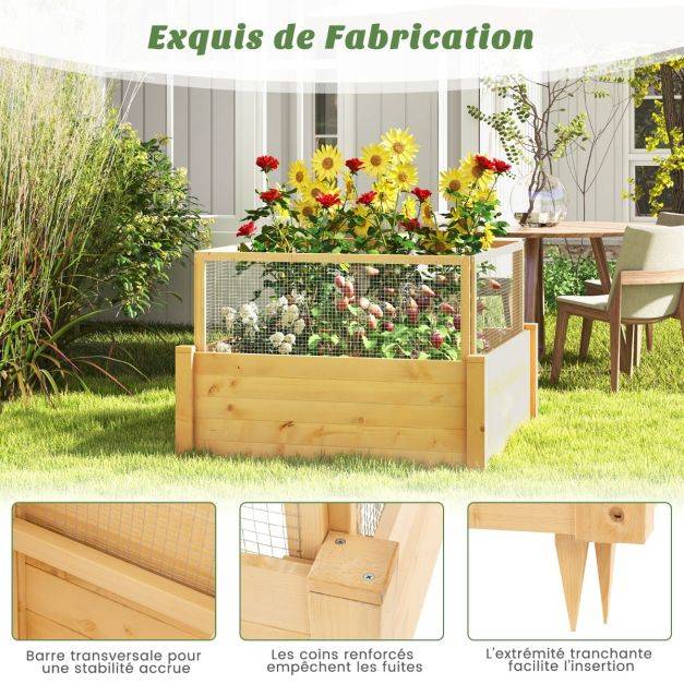 Helloshop26 - Jardinière carre potager extérieur en bois de sapin avec clôture de protection et grille de culture pour fleur légume fruit - Imagen 2