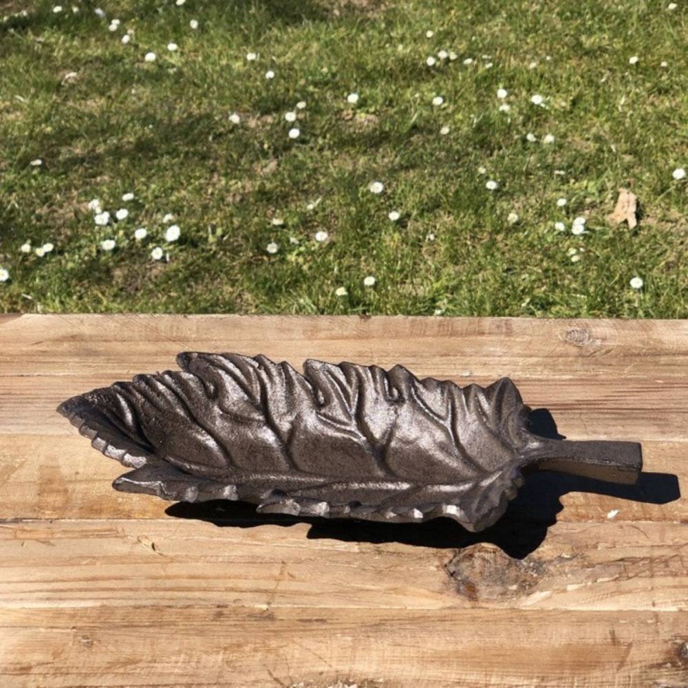 Mangeoire à oiseaux abreuvoir jardin feuille en fonte marron 26cm Chemin de campagne - Imagen 2