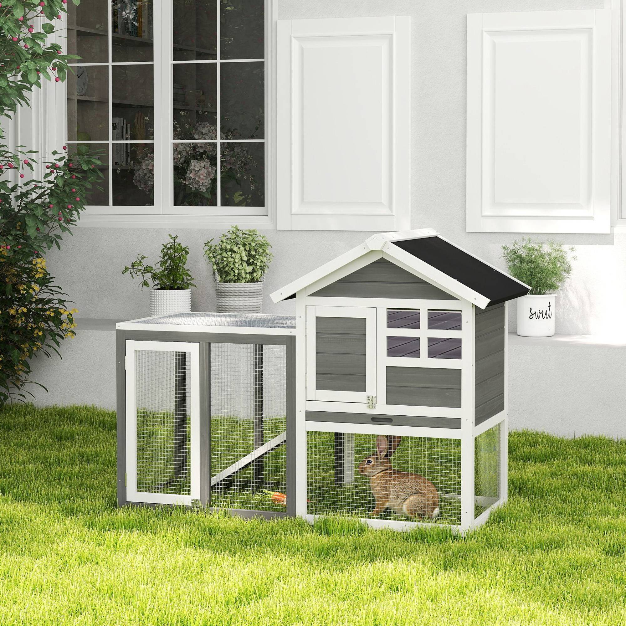 Clapier lapin extérieur bois 2 niveaux toit bitumé avec tiroir 123x63x93cm - ComfortXL Outdoor Living - Image 4