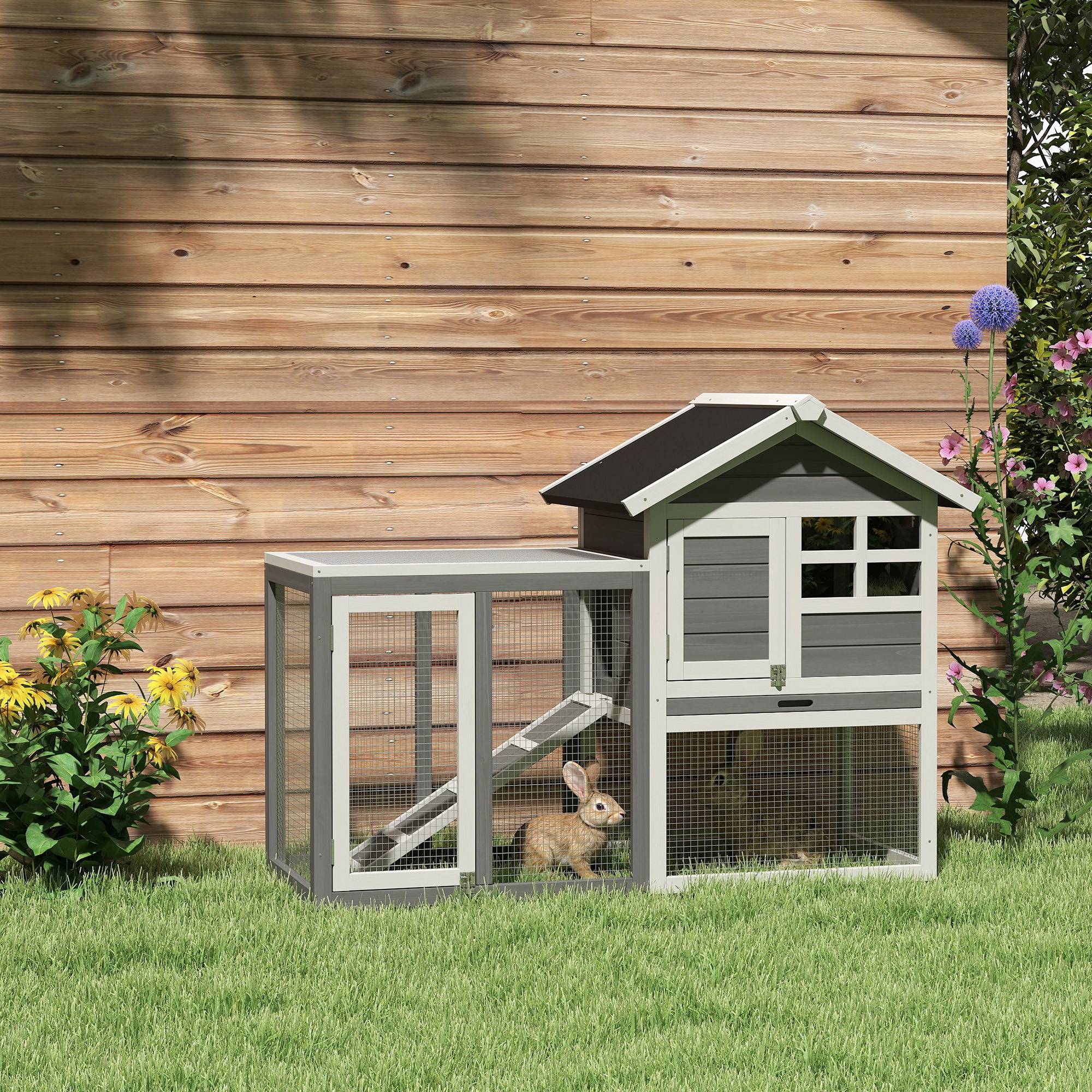 Clapier lapin extérieur bois 2 niveaux toit bitumé avec tiroir 123x63x93cm - ComfortXL Outdoor Living - Image 3