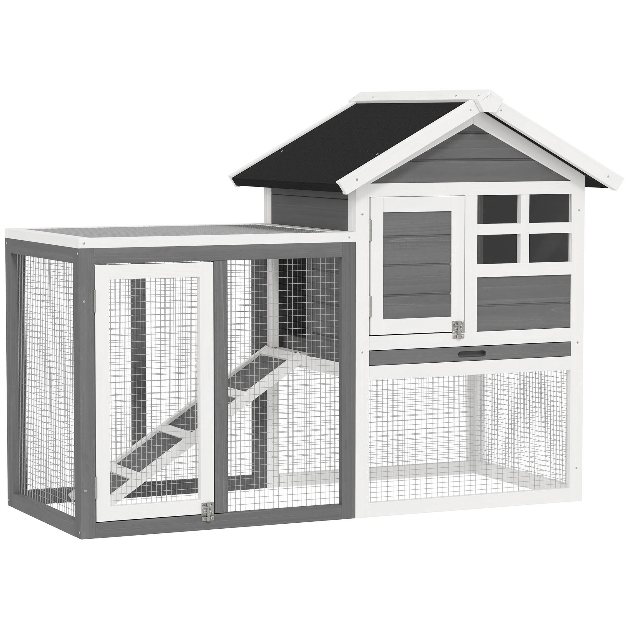 Clapier lapin extérieur bois 2 niveaux toit bitumé avec tiroir 123x63x93cm - ComfortXL Outdoor Living - Image 1
