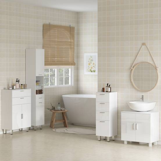 Colonne salle de bain avec tiroir, 3 étagères réglables et 2 placards, meuble rangement vertical blanc brillant 30x30x180 cm - Image 3