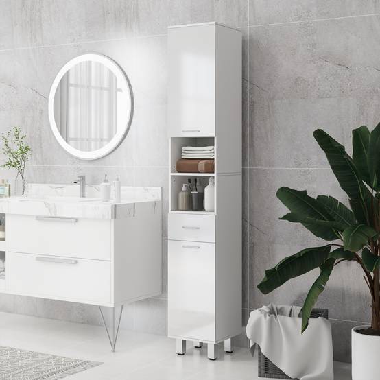 Colonne salle de bain avec tiroir, 3 étagères réglables et 2 placards, meuble rangement vertical blanc brillant 30x30x180 cm - Image 4
