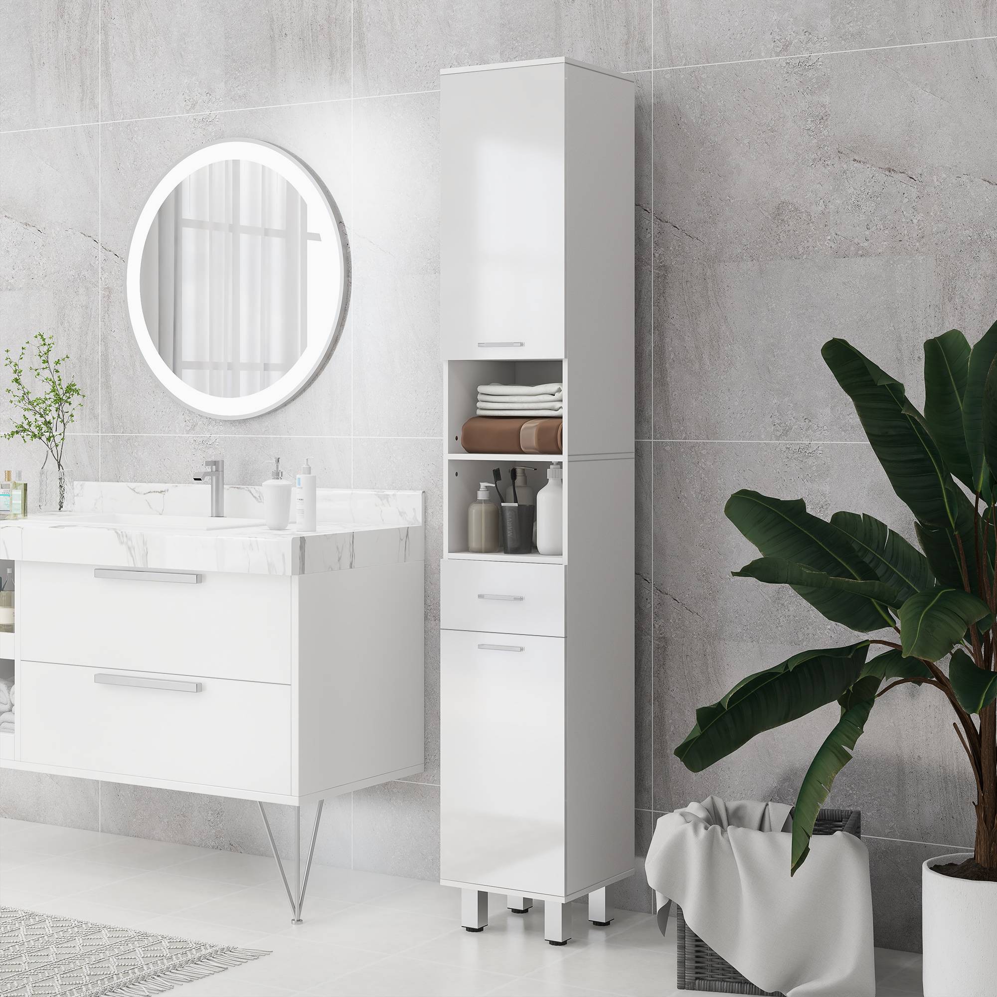 Colonne salle de bain avec tiroir, 3 étagères réglables et 2 placards, meuble rangement vertical blanc brillant 30x30x180 cm - Image 4