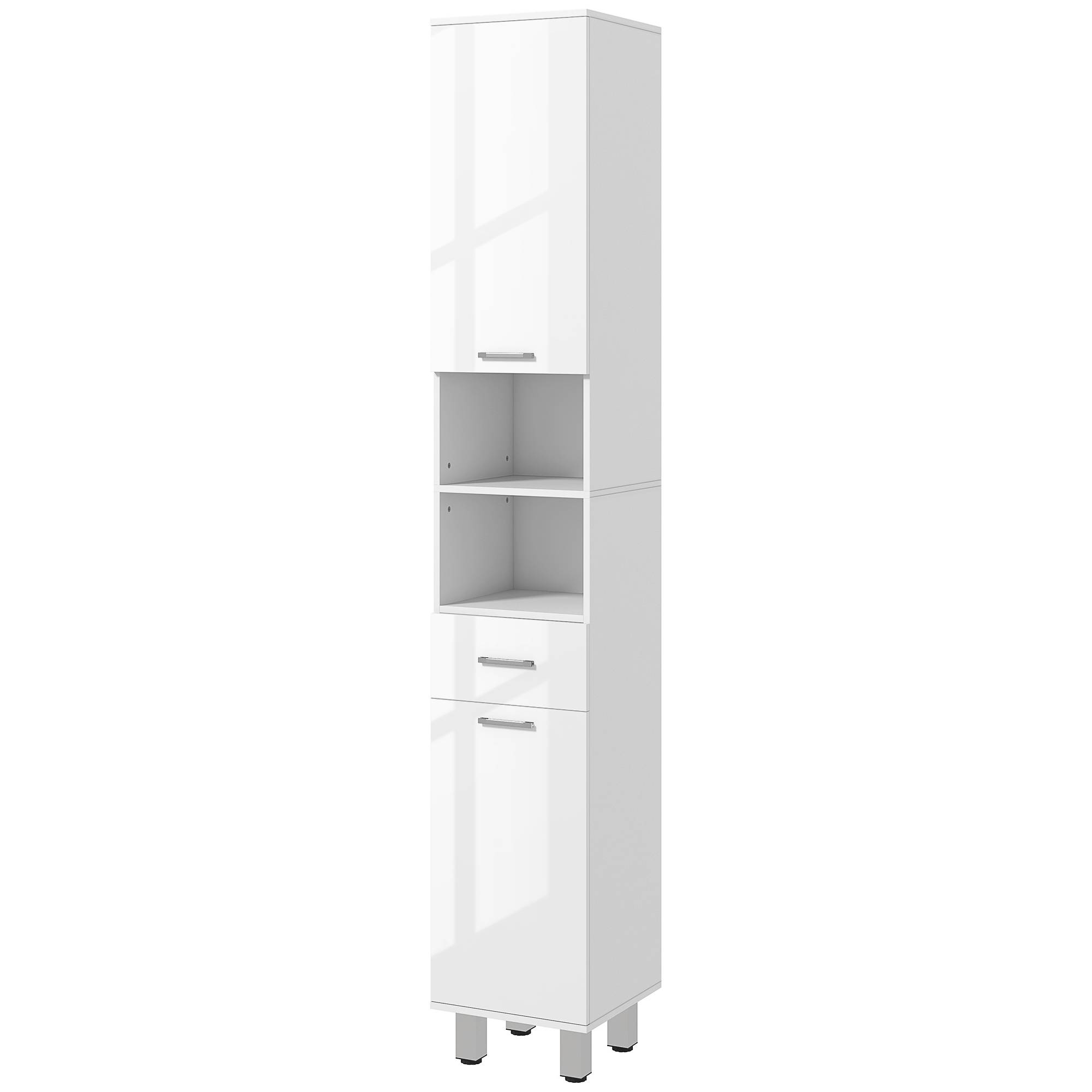 Colonne salle de bain avec tiroir, 3 étagères réglables et 2 placards, meuble rangement vertical blanc brillant 30x30x180 cm - Image 2