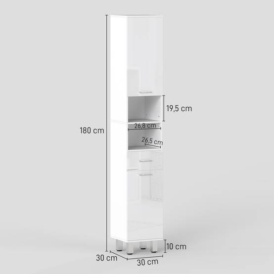 Colonne salle de bain avec tiroir, 3 étagères réglables et 2 placards, meuble rangement vertical blanc brillant 30x30x180 cm - Image 5