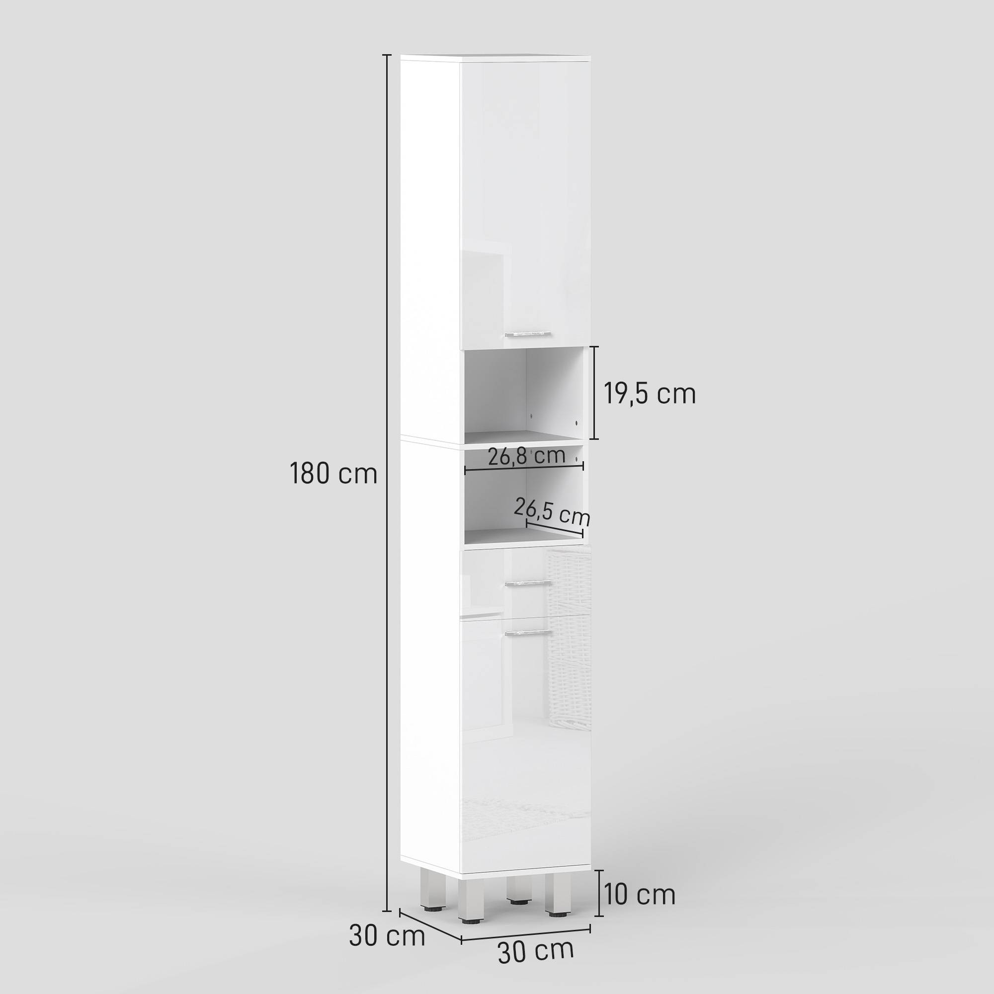 Colonne salle de bain avec tiroir, 3 étagères réglables et 2 placards, meuble rangement vertical blanc brillant 30x30x180 cm - Image 5