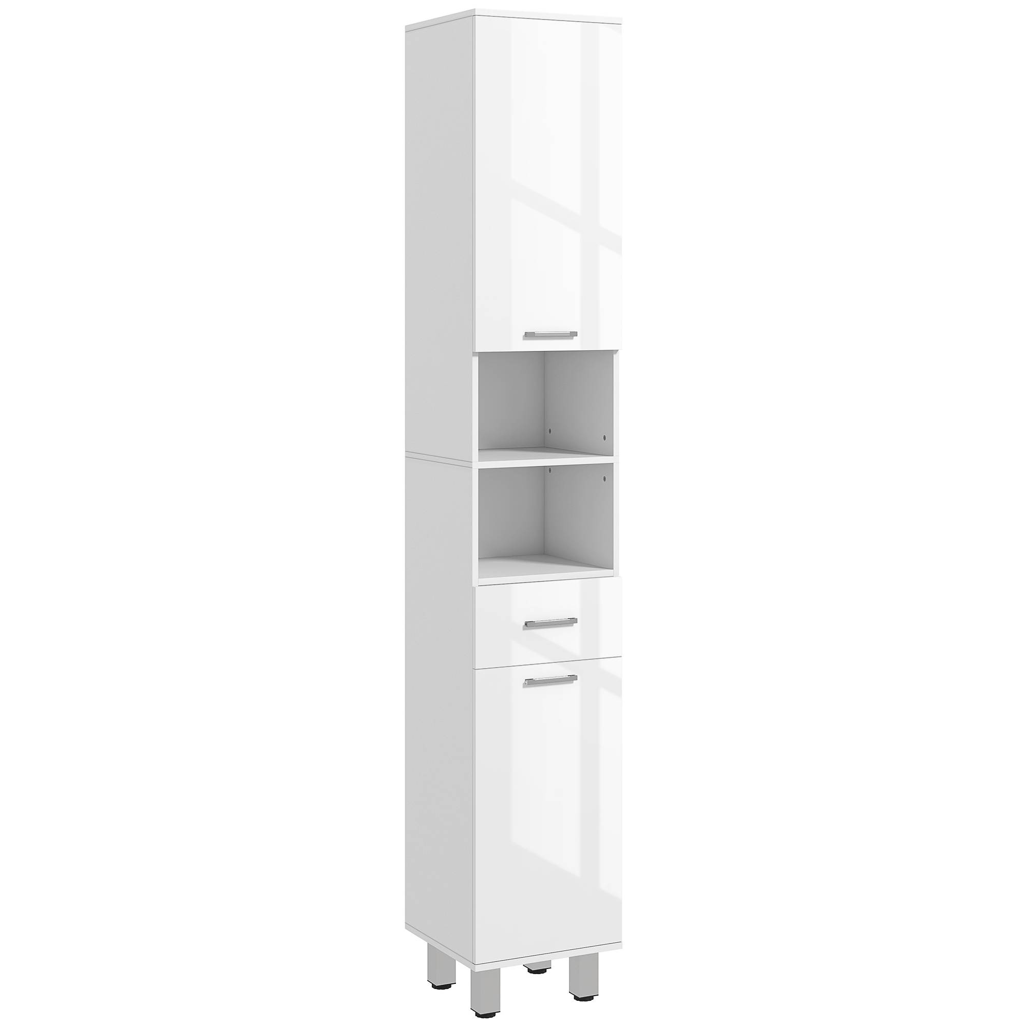 Colonne salle de bain avec tiroir, 3 étagères réglables et 2 placards, meuble rangement vertical blanc brillant 30x30x180 cm - Image 1