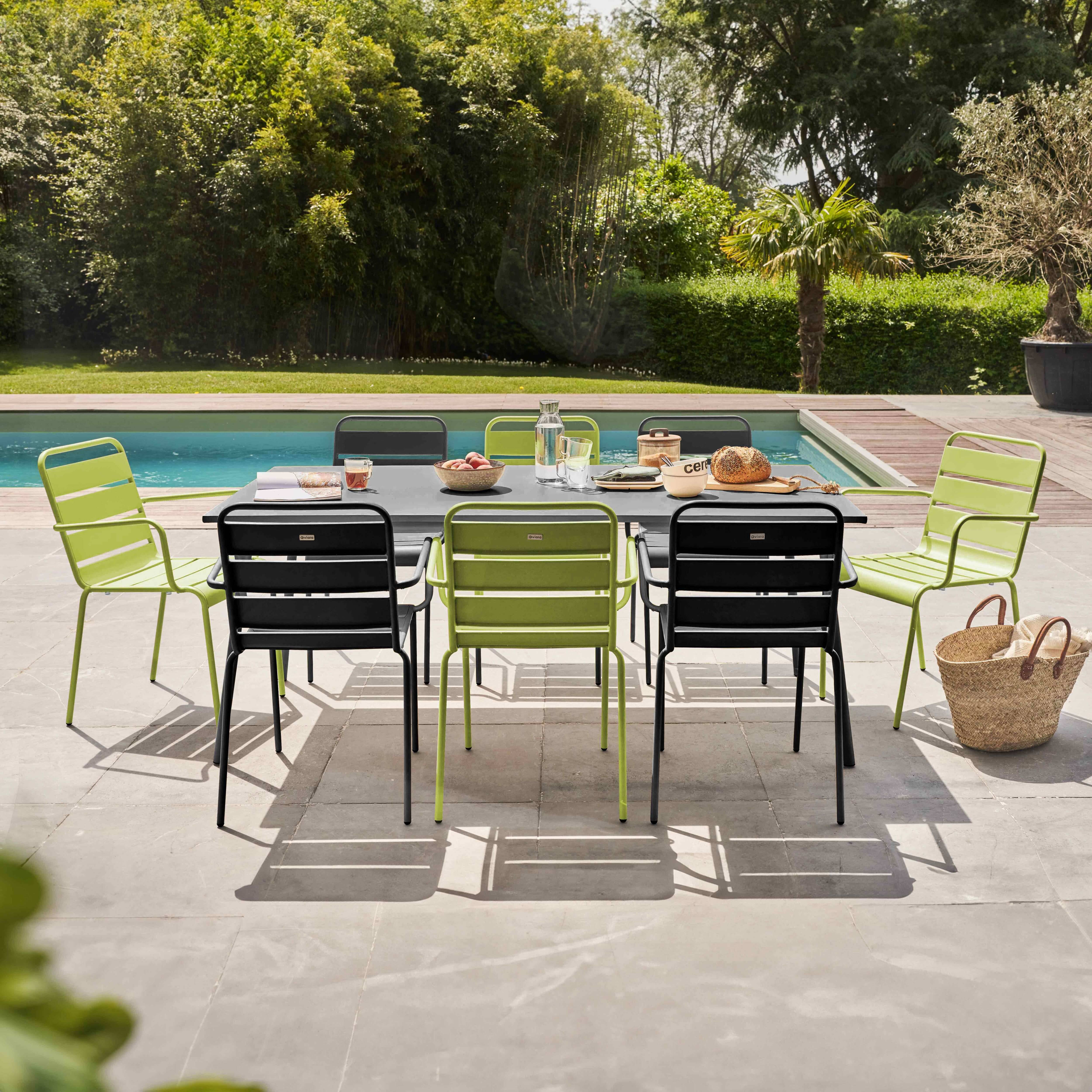 Oviala - Ensemble table de jardin et 8 fauteuils en métal vert et gris Palavas - Oviala - Imagen 2