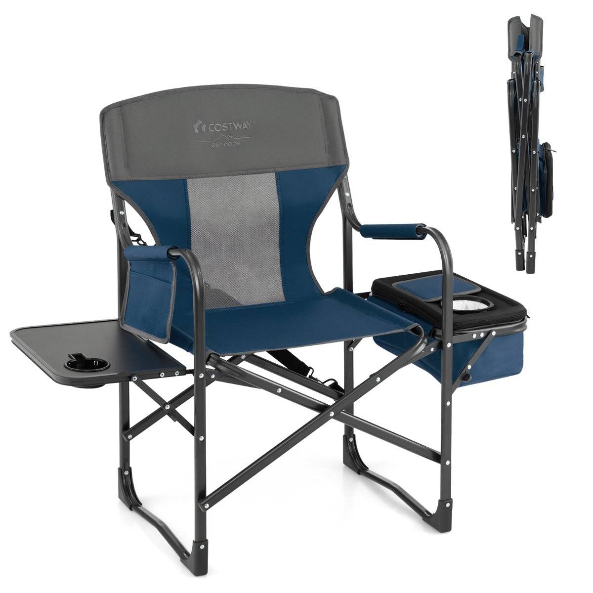 Helloshop26 - Chaise de camping pliante avec table latérale et sac isotherme charge 180kg sac de rangement sangle portable bleu - Imagen 1