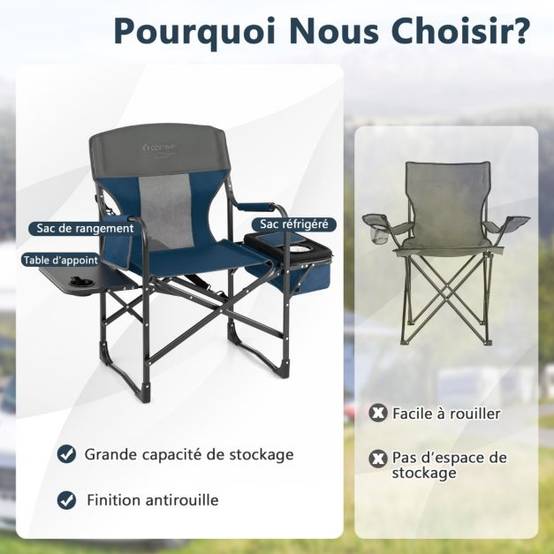 Helloshop26 - Chaise de camping pliante avec table latérale et sac isotherme charge 180kg sac de rangement sangle portable bleu - Imagen 4