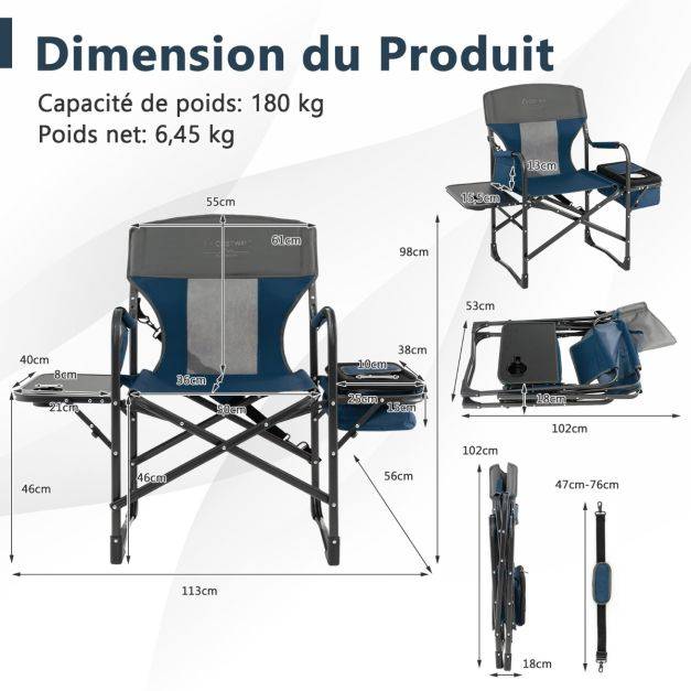 Helloshop26 - Chaise de camping pliante avec table latérale et sac isotherme charge 180kg sac de rangement sangle portable bleu - Imagen 6