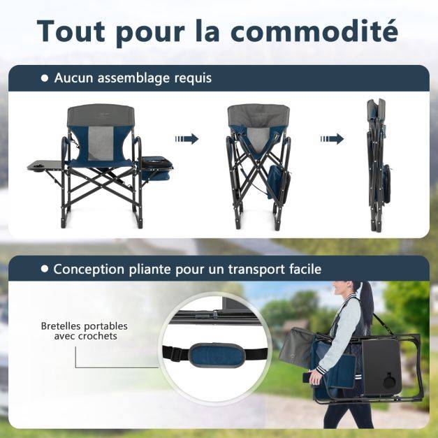 Helloshop26 - Chaise de camping pliante avec table latérale et sac isotherme charge 180kg sac de rangement sangle portable bleu - Imagen 5