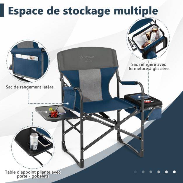 Helloshop26 - Chaise de camping pliante avec table latérale et sac isotherme charge 180kg sac de rangement sangle portable bleu - Imagen 3
