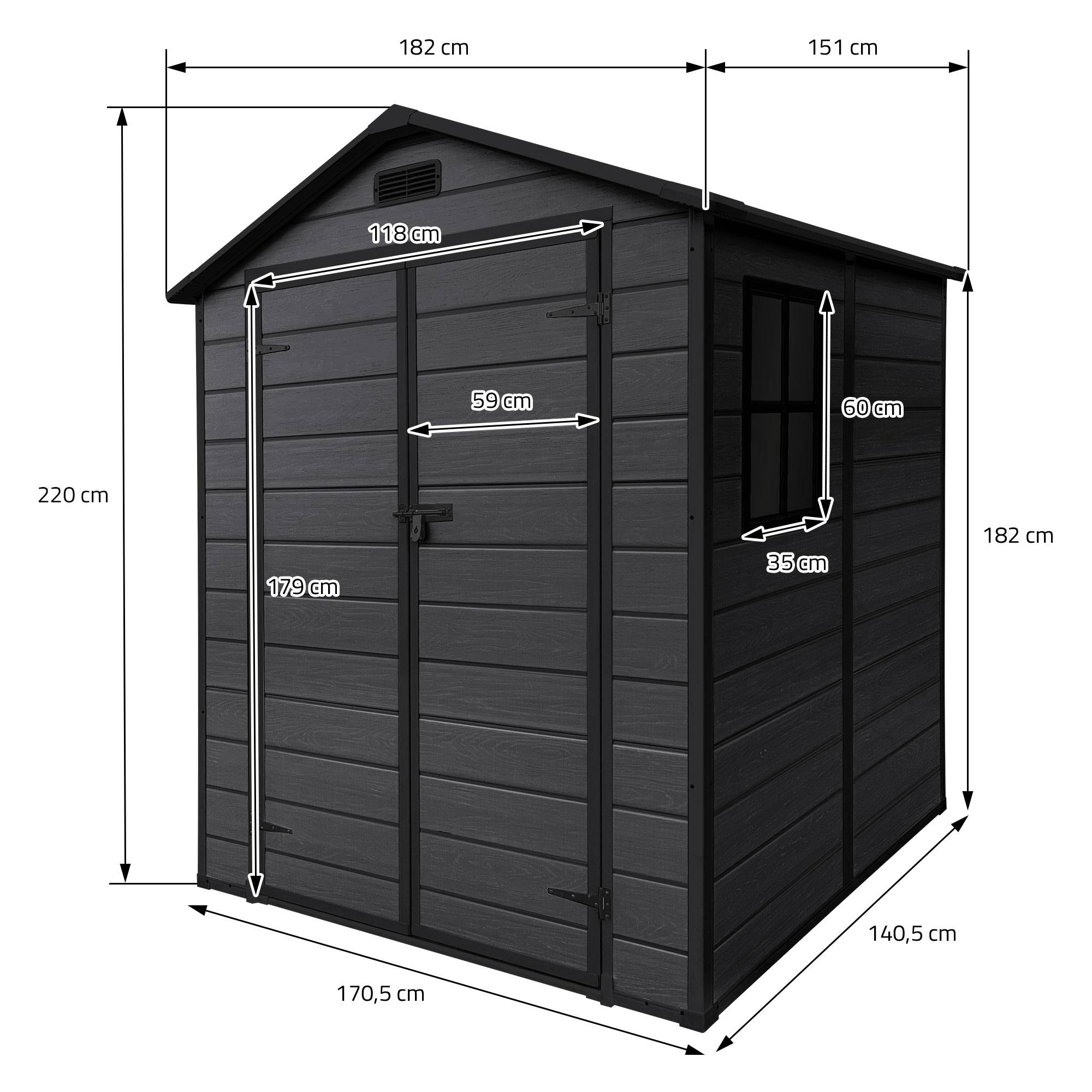 Ecd-Germany - Abri de jardin en résine PP 5 m³ gris foncé avec plancher toit double pente fenêtre porte double ventilation cabane de rangement 151x182x220 cm