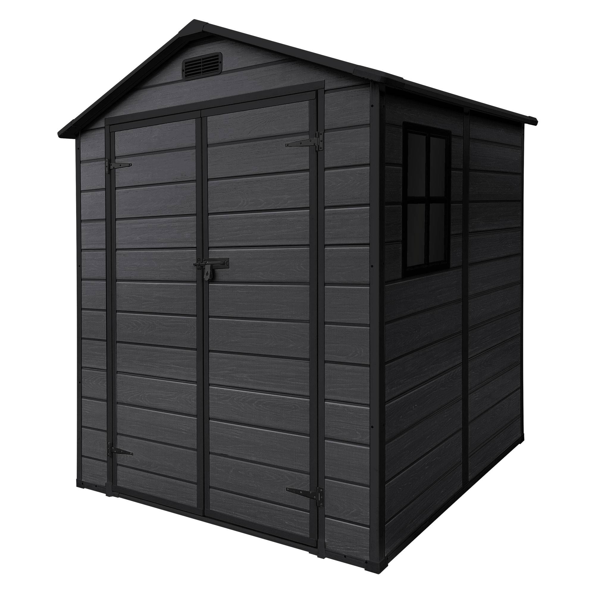 Abri de jardin en résine PP 5 m³ gris foncé avec plancher toit double pente fenêtre porte double ventilation cabane de rangement 151x182x220 cm