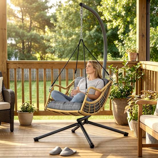 Fauteuil suspendu sur pied extérieur jardin résine tressée hauteur réglable coussin gris foncé - ComfortXL Outdoor Living - Image 4
