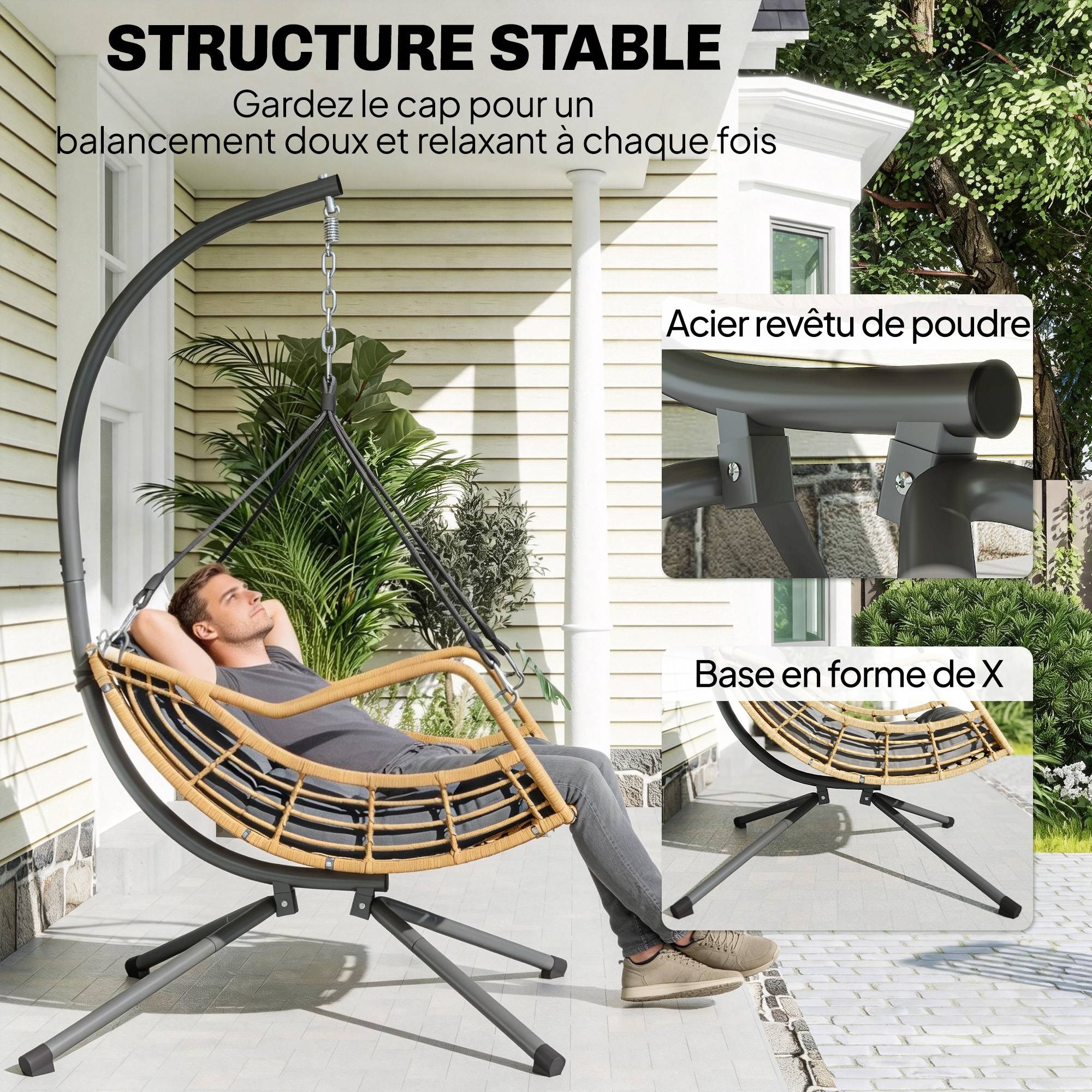 Fauteuil suspendu sur pied extérieur jardin résine tressée hauteur réglable coussin gris foncé - ComfortXL Outdoor Living - Image 9