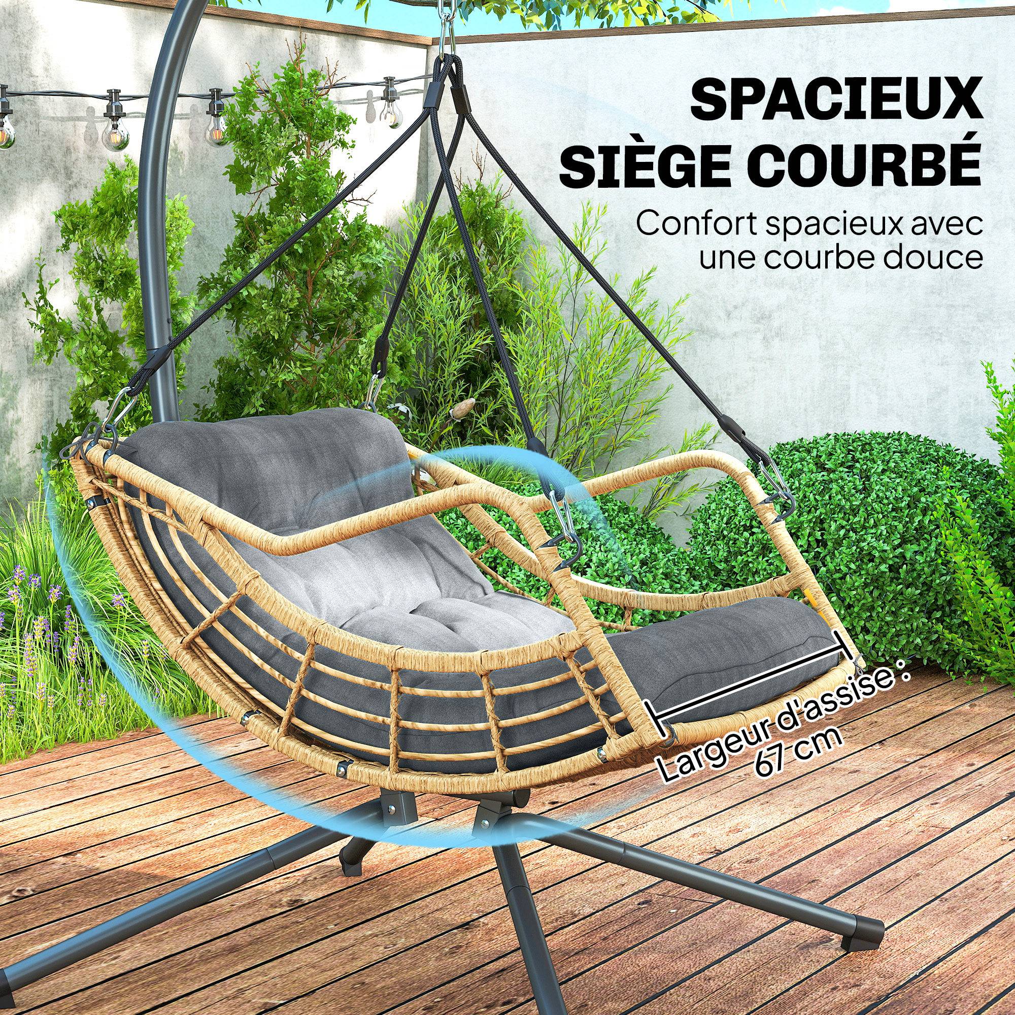 Fauteuil suspendu sur pied extérieur jardin résine tressée hauteur réglable coussin gris foncé - ComfortXL Outdoor Living - Image 6