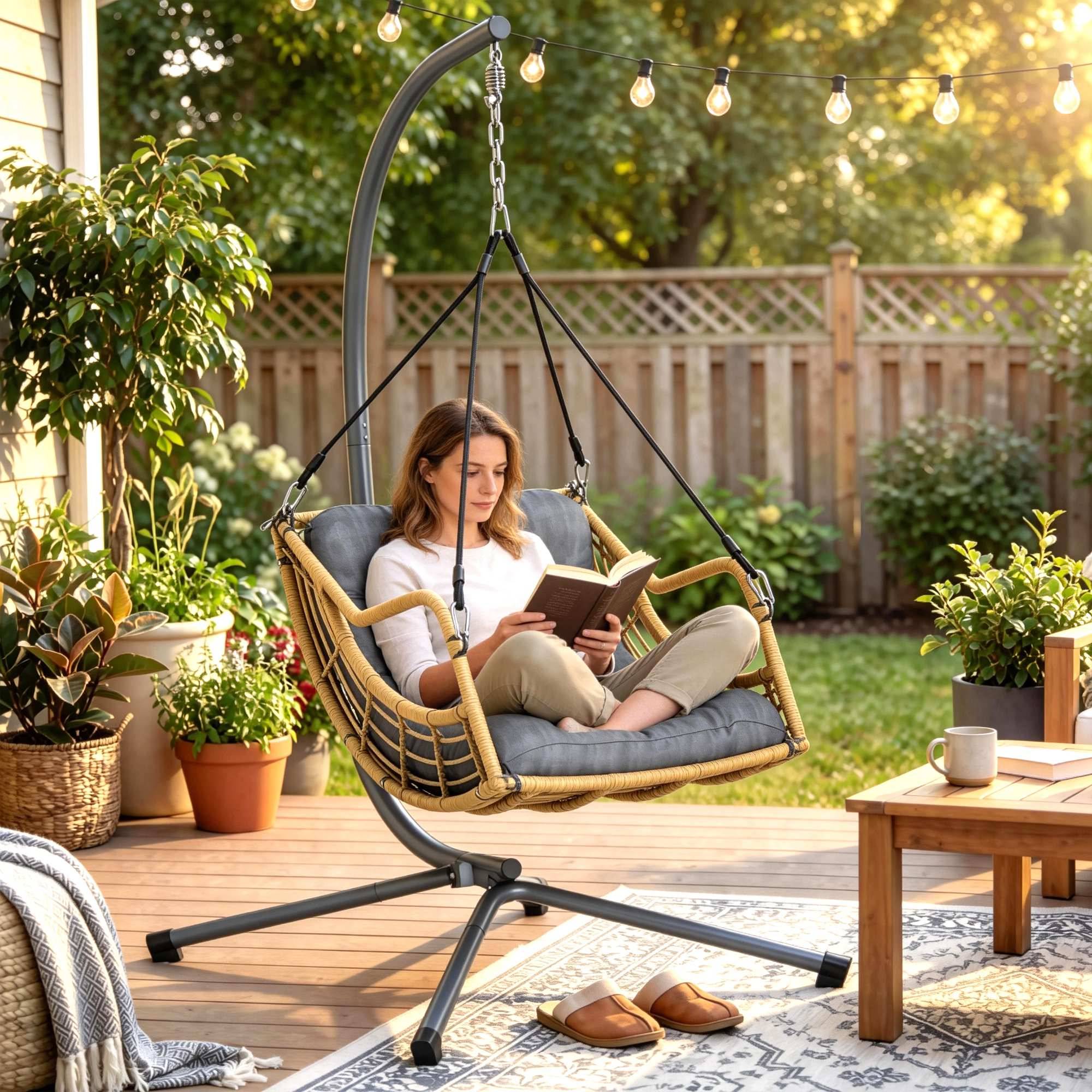 Fauteuil suspendu sur pied extérieur jardin résine tressée hauteur réglable coussin gris foncé - ComfortXL Outdoor Living - Image 3