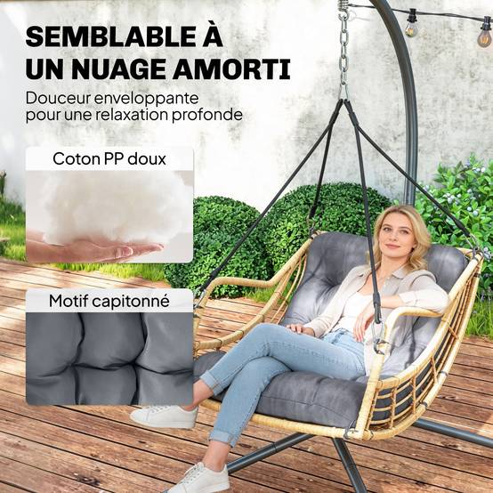 Fauteuil suspendu sur pied extérieur jardin résine tressée hauteur réglable coussin gris foncé - ComfortXL Outdoor Living - Image 7