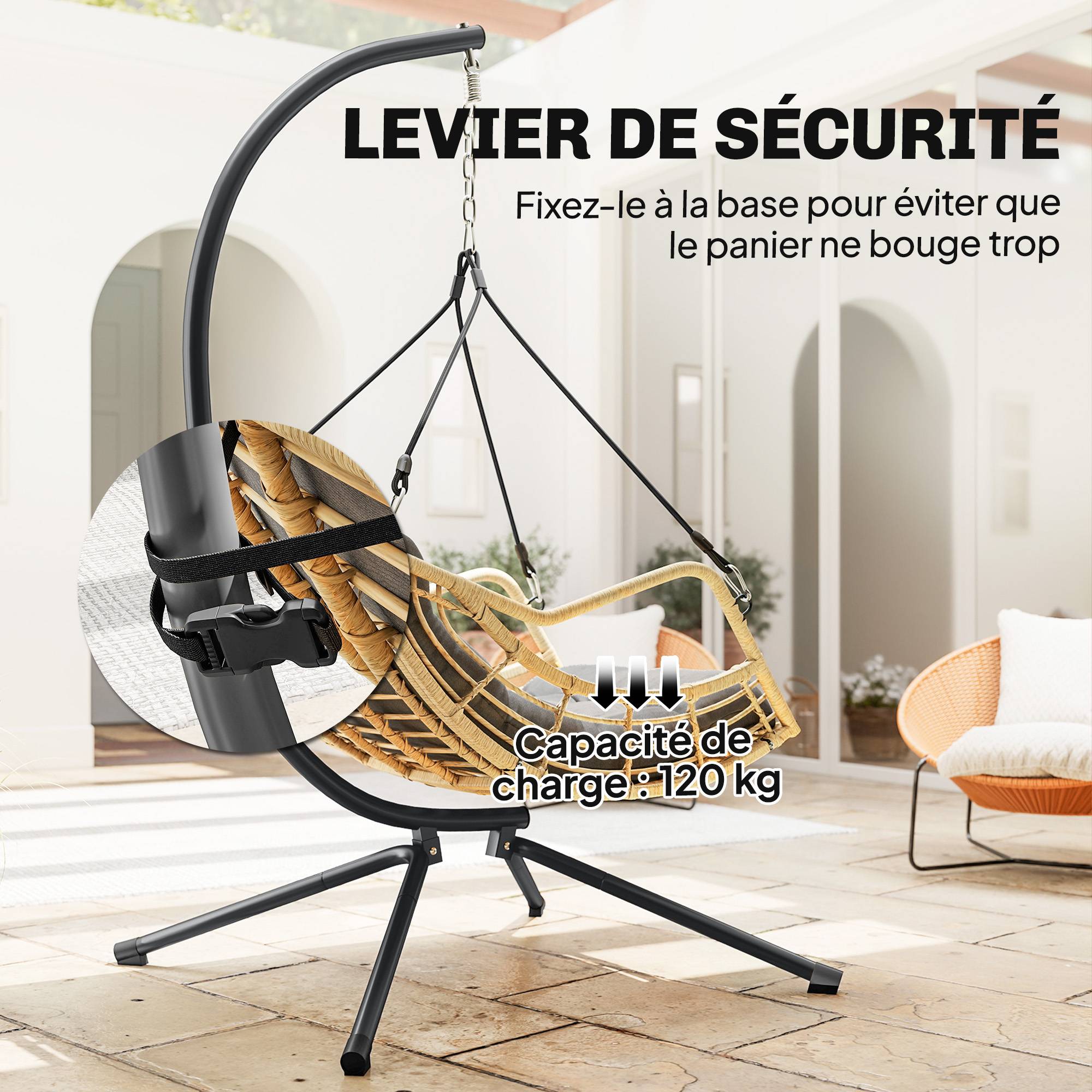 Fauteuil suspendu sur pied extérieur jardin résine tressée hauteur réglable coussin gris foncé - ComfortXL Outdoor Living - Image 10