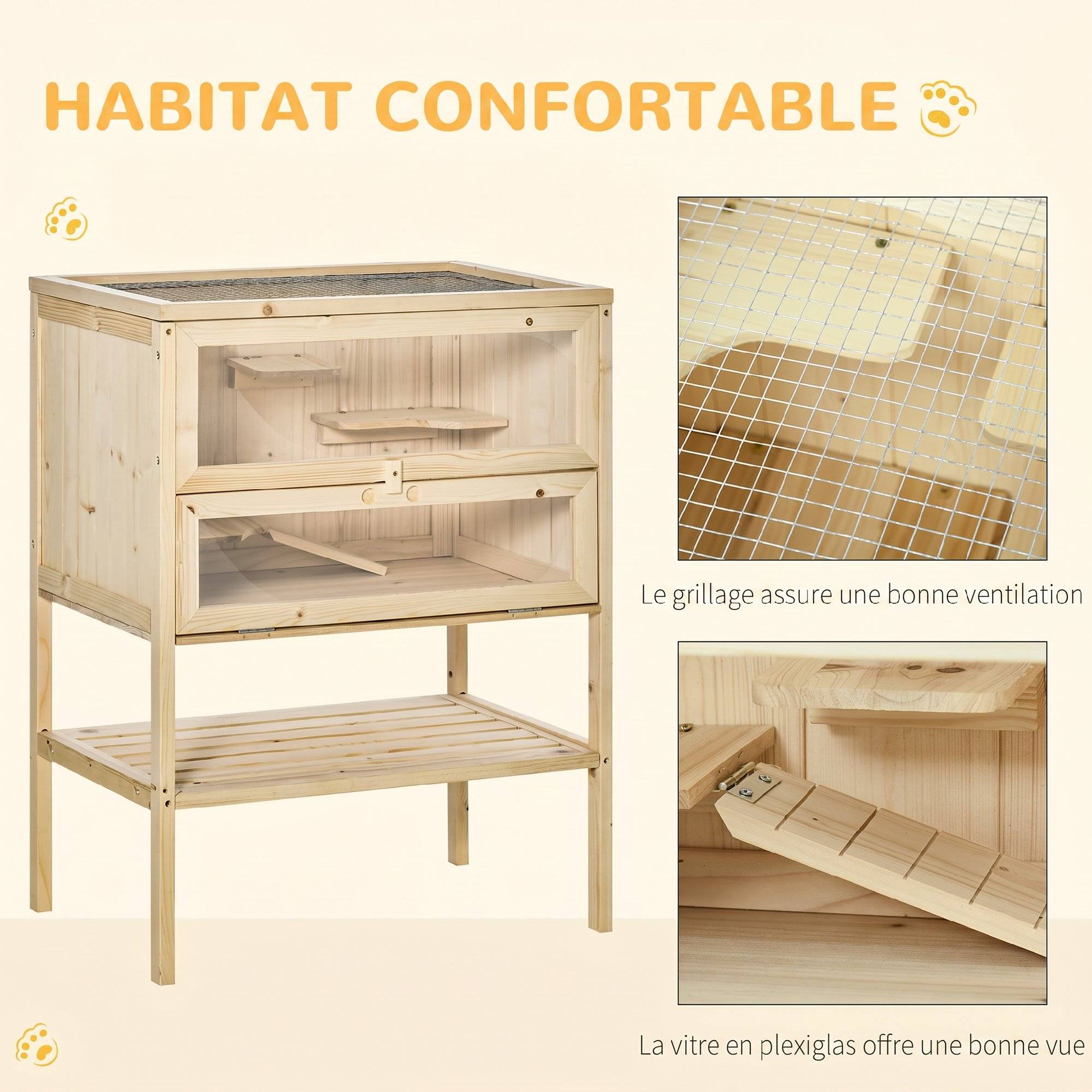Cage hamster bois 3 niveaux, plateformes, échelles, fenêtre, toit ouvrable, 60x40x80cm, naturel - Image 8