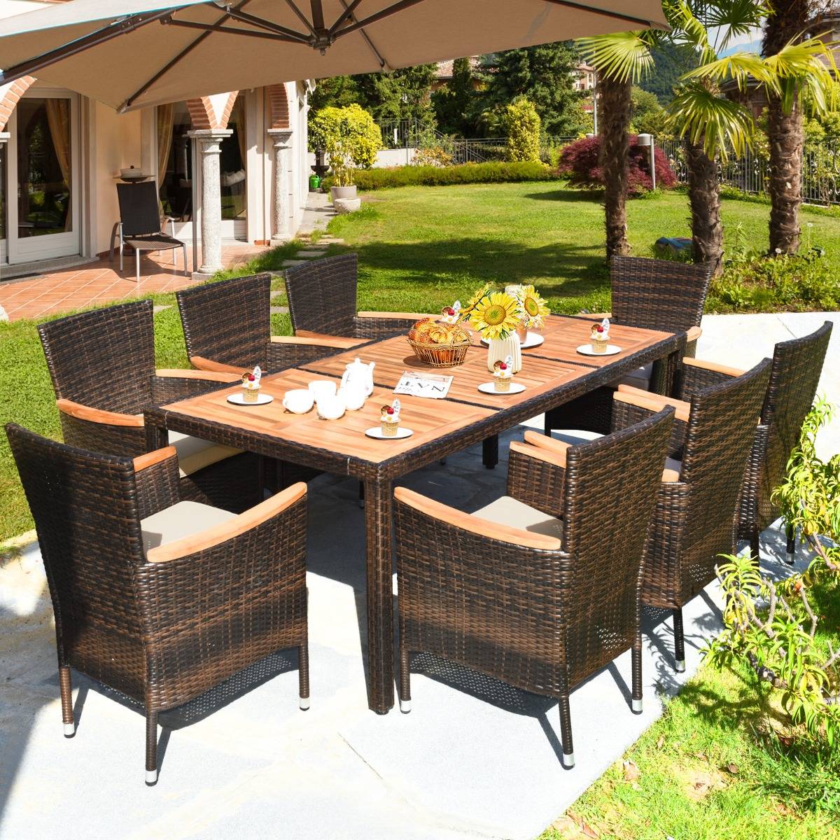 9 Pcs Salon de Jardin en Rotin Plateau en Acacia Ensemble de Salle à Manger avec Coussins Amovibles MAISON CHIC - Image 4