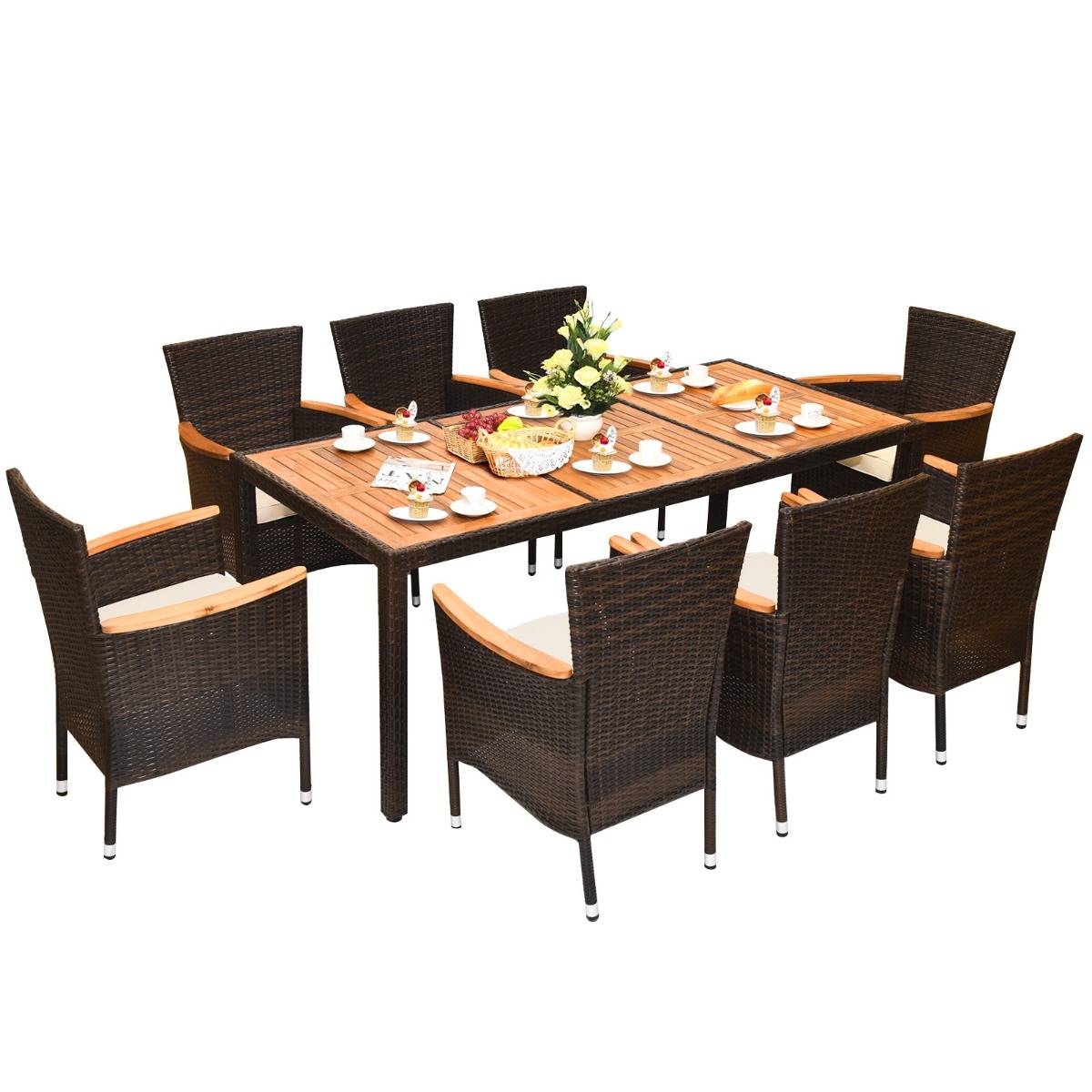9 Pcs Salon de Jardin en Rotin Plateau en Acacia Ensemble de Salle à Manger avec Coussins Amovibles MAISON CHIC - Image 1