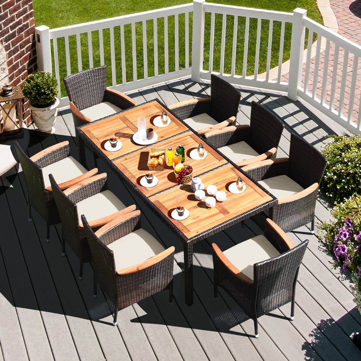 9 Pcs Salon de Jardin en Rotin Plateau en Acacia Ensemble de Salle à Manger avec Coussins Amovibles MAISON CHIC - Image 2