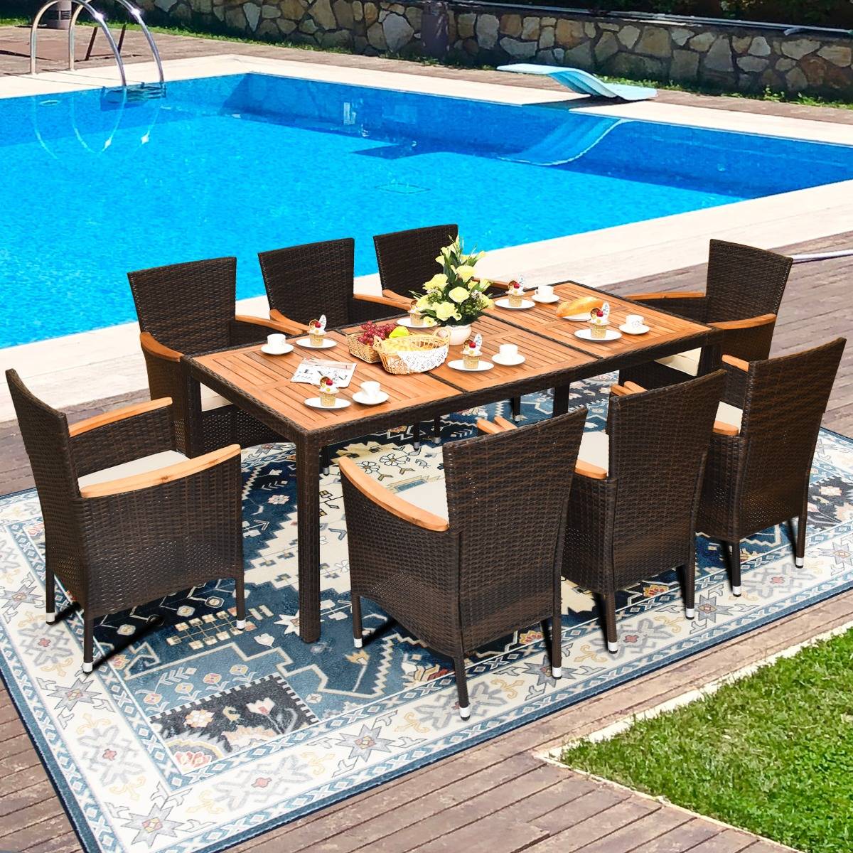 9 Pcs Salon de Jardin en Rotin Plateau en Acacia Ensemble de Salle à Manger avec Coussins Amovibles MAISON CHIC - Image 3