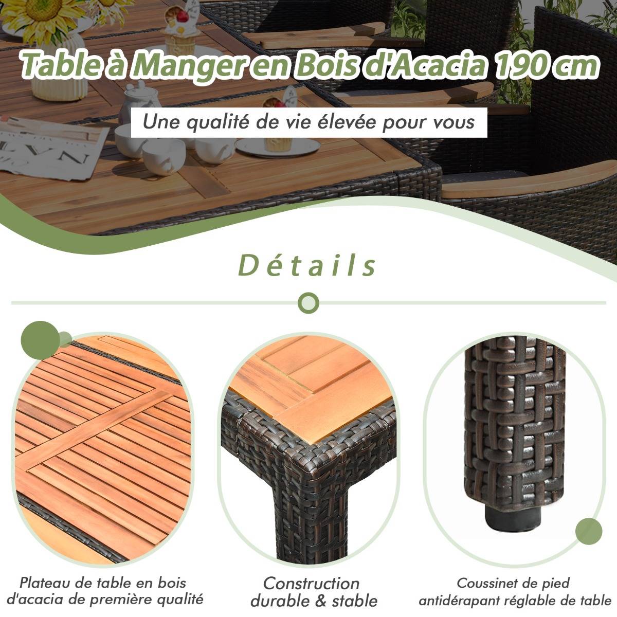 9 Pcs Salon de Jardin en Rotin Plateau en Acacia Ensemble de Salle à Manger avec Coussins Amovibles MAISON CHIC - Image 6
