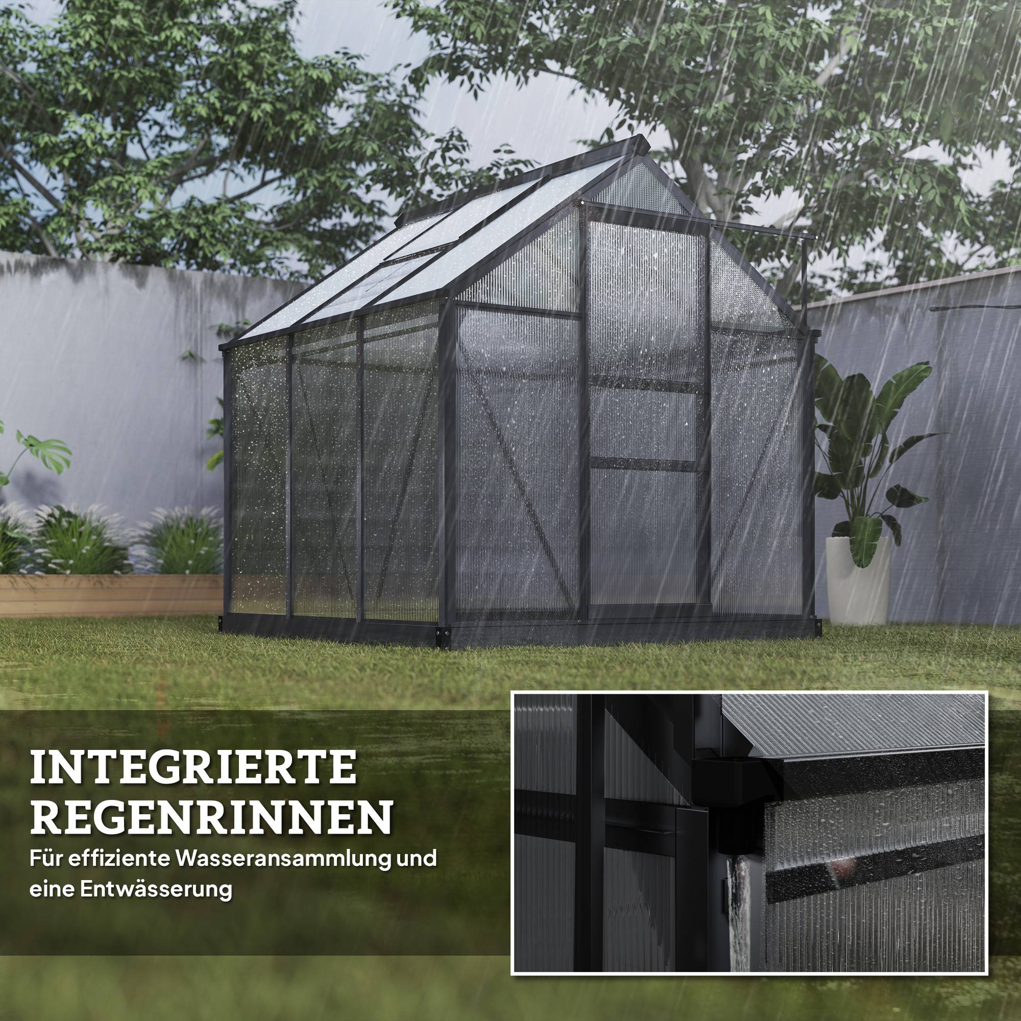 ComfortXL - Serre de jardin polycarbonate 4 mm aluminium 190 x 192 x 201 cm grise avec base porte coulissante et aération - Image 4