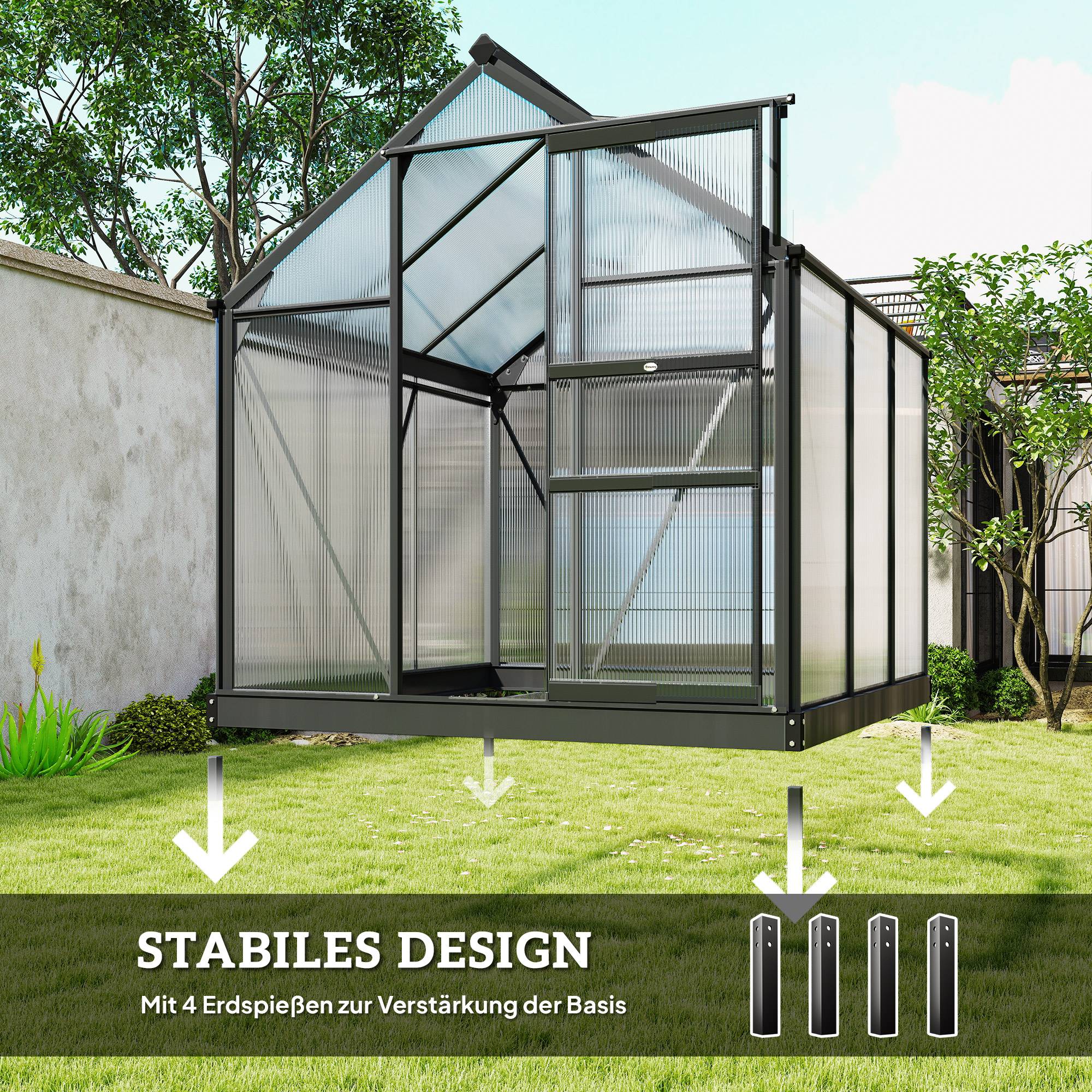 ComfortXL - Serre de jardin polycarbonate 4 mm aluminium 190 x 192 x 201 cm grise avec base porte coulissante et aération - Image 3