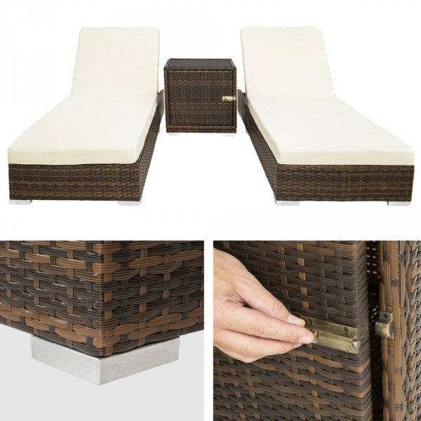 Helloshop26 - Lot de deux chaises longue bain de soleil en résine tressé poly rotin + table + deux set de housses + housse de protection marron - Imagen 3