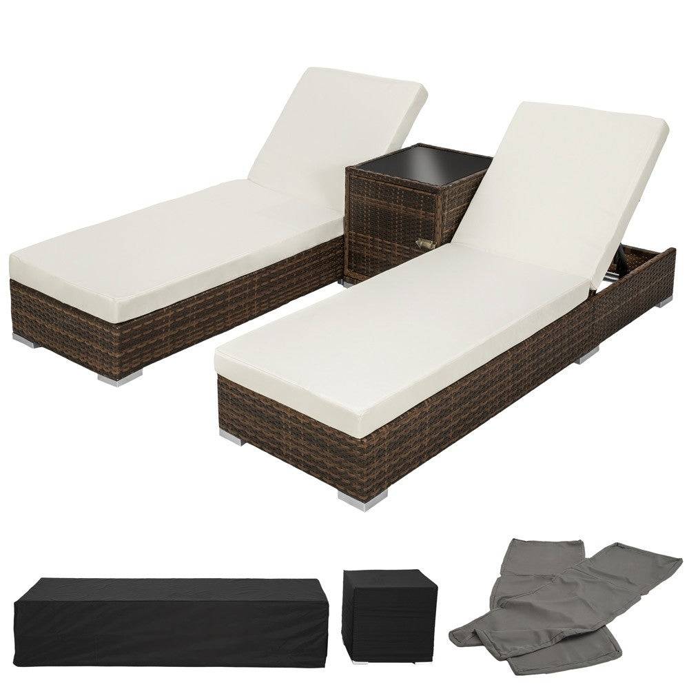 Helloshop26 - Lot de deux chaises longue bain de soleil en résine tressé poly rotin + table + deux set de housses + housse de protection marron - Imagen 1