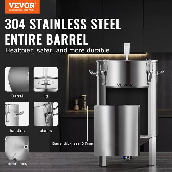 VEVOR Cuve brassage bière inox 304, 60L, avec base, couvercle, robinet, thermomètre, pour brasseur maison. - Image 2