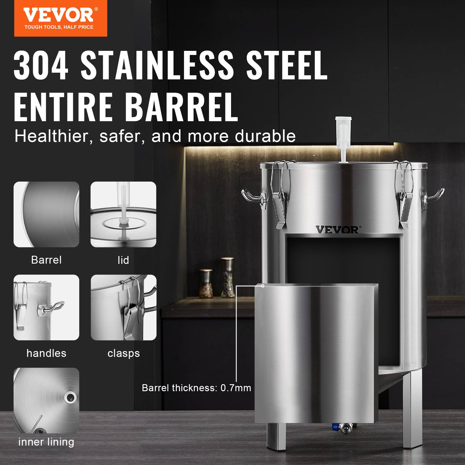 VEVOR Cuve brassage bière inox 304, 60L, avec base, couvercle, robinet, thermomètre, pour brasseur maison. - Image 2